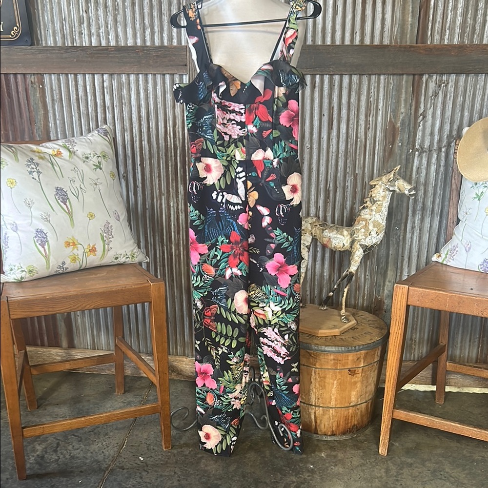 H&M Black Floral Jumpsuit with Spaghetti Straps and Ruffle